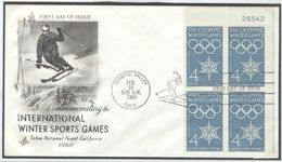 USA Illustrated Cover With Bloc Of 4 With Sheet Number With Olympic Machine First Day Cancel In The Special Type - Winter 1960: Squaw Valley