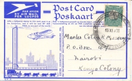 South Africa 1936 Air Mail Picture Postcard Empire Exhibition In Johannesburg To Kenya With ½ D. Springbok - Airmail