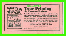 BUVARD -  IMPRIMERIE  LEONARD SHRIPKA PRINTING, ROACHDALE, INDIANA - YOUR PRINTING AT LOWER PRICES - - I