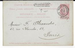 1904 - BELGIQUE - CARTE ENTIER De MONS GARE => PARIS Avec CACHET De TRANSIT De WARQUIGNIES - Transit Offices