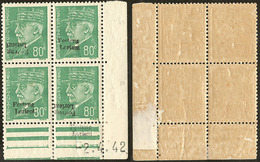 ** No 7, Bloc De Quatre Cd 2.4.42, Un Ex Adhérences Et Légère Séparation, Dont Deux Ex Surch. Renv., Gomme Légèrement Gl - War Stamps