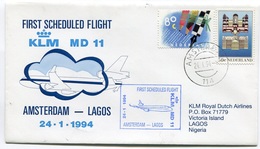 RC 6685 PAYS-BAS KLM 1994 1er VOL AMSTERDAM - LAGOS NIGERIA FFC NETHERLANDS LETTRE COVER - Luftpost