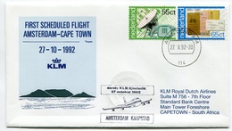 RC 6686 PAYS-BAS KLM 1992 1er VOL AMSTERDAM - CAP TOWN SOUTH AFRICA FFC NETHERLANDS LETTRE COVER - Poste Aérienne