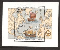 Iceland 1992 Europa: Ships, Leifur Eriksson, Kristoffer Kolumbus, Discovery Of America Mi Bloc 13, MNH(**) - Ongebruikt