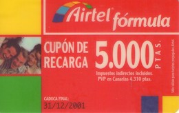 ESPAÑA. Acr-055. AIRTEL FORMULA - CUPON RECARGA 5000 PTAS. 31/12/2000. DURA. (194P) - Airtel