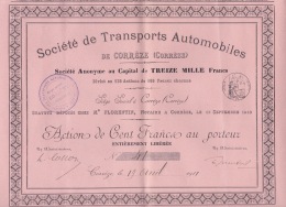 310118 ACTION Société De Transports Automobiles De CORREZE 19 Avril 1911 Cent Francs Au Porteur - Automobil
