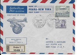 1946 - TCHECOSLOVAQUIE - ENVELOPPE  RECOMMANDEE 1° VOL PRAGUE à NEW YORK (USA) - Briefe U. Dokumente