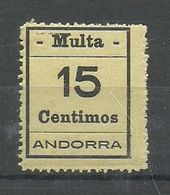 ANDORRA- SELLOS-VIÑETAS. MULTA  MUY DIFICILES 15 Centimos Rescto Verso Calcado Al Rebes (S.2.C.02.18) - Precursori