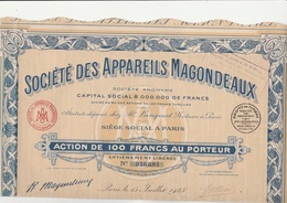 ACTION 100 FRS -SOCIETE DES APPAREILS MAGONDEAUX (ECLAIRAGE AUTOMOBILE ,CAMION CANOTS 1921) - Automobilismo