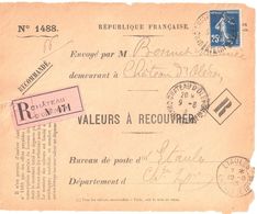 4394 CHÂTEAU D'OLERON Charentes Inf Valeur à Recouvrer 1488 Yv 140 Semeuse 25c Bleu Ob 9 8 1913 Rrecommandé - Brieven En Documenten