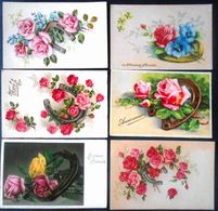 Cp Lot 6x Litho Illustrateur Bouquet Fleur Rose Roses Theme Porte Bonheur Dans Fer A Cheval - Colecciones Y Lotes