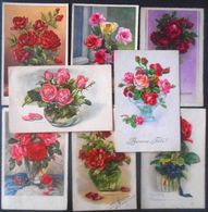 CPA Lot 8x Litho Illustrateur Divers 5x KLEIN BOUQUET ART Rose Roses Dans Vase En Verre Transparent - Collections & Lots