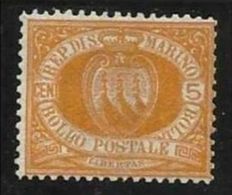 1877 San Marino Saint Marin CIFRA O STEMMA 5c Giallo (2) MLH* - Unused Stamps