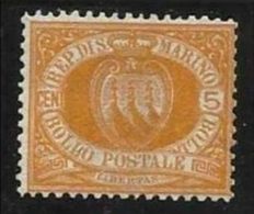 1877 San Marino Saint Marin CIFRA O STEMMA 5c Giallo (2) MLH* - Ungebraucht