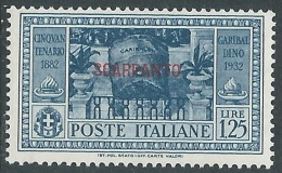 1932 EGEO SCARPANTO GARIBALDI 1,25 LIRE MH * - I39-8 - Egée (Scarpanto)