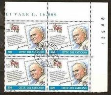 1998 Vaticano Vatican GIORNATA DELLA FILATELIA  PAPA WOJTYLA Quartina Usata 1°Giorno USED Bl.4 - Used Stamps