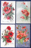 CPA Lot 4x Litho Chromo Illustrateur KLEIN RELIEF 1X FOND ARGENT PAVOT PAVOTS COQUELICOT ET GRAMINEES - Colecciones Y Lotes