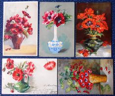 CPA Precurseur Lot 5x Litho Chromo Illustrateur KLEIN ETC PAVOT PAVOTS COQUELICOT COQUELICOTS DANS VASE - Colecciones Y Lotes