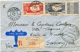 DAHOMEY LETTRE RECOMMANDEE PAR AVION CENSUREE AFFR. COMPLEMENTAIRE AU DOS DEPART OUIDAH 26 MAI 41 DAHOMEY POUR LA FRANCE - Brieven En Documenten