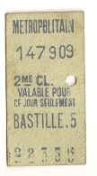 ANCIEN TICKET DE METRO  BASTILLE.5     VALABLE  POUR CE JOUR  SEULEMENT  2EME  CL CPA1487 - Europa