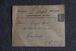 Timbre Sur Lettre Publicitaire : LAGRASSE (AUDE), FALET - Epicerie Et Mercerie. - Lebensmittel