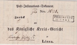 PRUSSE 1858 LETTRE EN FRANCHISE DE FRAUSTADT - Briefe U. Dokumente