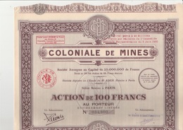 COLONIALE DE MINES - LOT DE 5 ACTIONS DE 100 FRANCS - 1929 - Mijnen