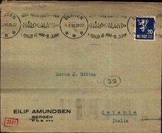 87125) Norvegia-lettera Con 30-ore- Da Oslo A Catania  Il 5/6/1941  Bolli E Censura - Storia Postale