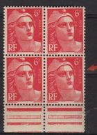 Variété Sur Gandon Bloc De 4 Du 6f Rose, Nombreuses Lettres Abscentes à Postes Sur Le 4 Timbres - Unused Stamps