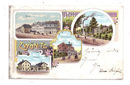 0-9417 ZWÖNITZ, Lithographie, 1900, Bahnhof, Markt, Postamt, Felsenkeller Brauerei - Zwönitz