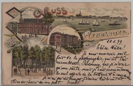 Gruss Aus Flensburg - Post, Gymnasium, Nobiskrüger Gehölz, Hafen - Lithographie Litho - Flensburg