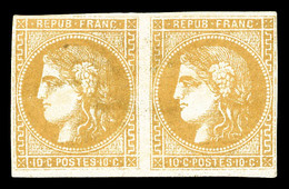 * N°43B, 10c Bistrejaune En Paire Horizontale, Forte Charnière Mais TB (signé Calves/Brun/Certificats)   Qualité: *   Co - 1870 Bordeaux Printing