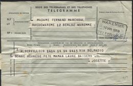 Télégramme Obl. Télégraphique WAREMME/TELEGRAPHE 1959 Déposé à Albertville Congo Belge Via Belradio (959) - Télégrammes