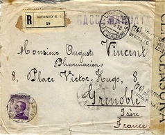 WWI-1918 - Busta RACC. Da Livorno Affr. 50 C  Censurata  Per Grenoble ( Francia ) - Egée (Scarpanto)