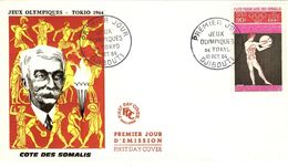 COTE DES SOMALIS Poste Aérienne  41 Premier Jour FDC Jeux OlympiquesTokyo 1964 Baron De Coubertin Athlète Grec (CV 13) - Lettres & Documents