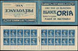 CARNETS (N°Cérès Jusqu'en1964) 34   Semeuse Camée, 25c. Bleu, N°140B, T II, S. 38-A, LA PREVOYANCE/ORIA, Timbres Surchar - Altri & Non Classificati