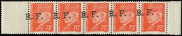 ** TIMBRES DE LIBERATION LYON 7 : Pétain, 70c. Orange, BANDE De 5 Bdf, Surcharge En BIAIS, TB - Liberation