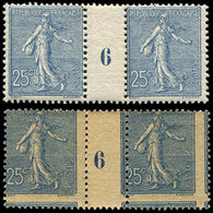 ** VARIETES 132h  Semeuse Lignée, 25c. Bleu, IMPRESSION Au RECTO ET Au VERSO, PAIRE Mill.6, TB, RRR, N° Maury - Nuovi