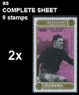 BULK:2 X MANAMA 1971 Olympics Stockholm 1912 Jim Thorpe 25Dh COMPLETE SHEET:9 Stamps American Indians - Zomer 1912: Stockholm