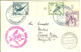 Germany Olympic Flight On Postcard With On Board Cancel Luftschiff Hindenburg In Blue With Olympic Stamps - Sommer 1936: Berlin