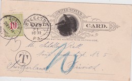 USA 1891 ENTIER POSTAL CARTE DE STEELTON OBLITERATION FANCY  THEME ANE TAXEE A ZURICH SUISSE - ...-1900
