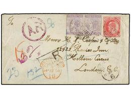 502 BIRMANIA. 1903. RANGOON To LONDON. Envelope Franked With India One<B> Anna</B> Red And Two <B>2 Annas</B> Lilac. Reg - Other & Unclassified