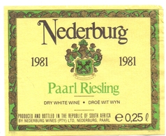 Etiket Etiquette - Vin - Wijn - Nederburg - Paarl Riesling South Africa 1981 - Riesling