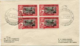 INDE FRANCE LIBRE LETTRE AFFRANCHIE AVEC UN BLOC DE 4 AVEC VARIETE " FRANOE " DEPART INDE FRANCAISE 25-1-1944 PONDICHERY - Storia Postale