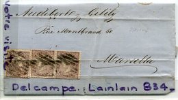 - Espagne - Lettre Plié De Barcelone - 1869, 3 Timbres, Pour Marseille, Audibert, Nombreux Cachets, Scans. - Covers & Documents