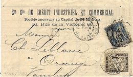 1892- Lettre De Paris  - Banque C I C - Affr. 15 C TAXEE 30 C  ( 2ème Port Double ) - 1859-1959 Brieven & Documenten