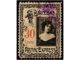 428 ESPAÑA. <B>POSTAL EXPRESS. BARCELONA. 30 Cts.</B> Negro Y Rojo, Mat. <B>OVALADO CON CICLISTA</B>, Leves Adelgazamien - Autres & Non Classés