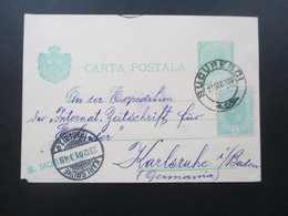 Rumänien 1901 Ganzsache Mit Zusatzfrankatur Nach Karlsruhe Mit AK Stempel! S. Moseson Strada Politiei 11. - Lettres & Documents