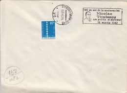 NICOLAE TITULESCU, POLITICIAN SPECIAL POSTMARK, ENDLESS COLUMN STAMP ON COVER, 1982, ROMANIA - Covers & Documents