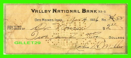 CHÈQUES - VALLEY NATIONAL BANK, DES MOINES, IOWA, 1926 -  No 55 - - Chèques & Chèques De Voyage